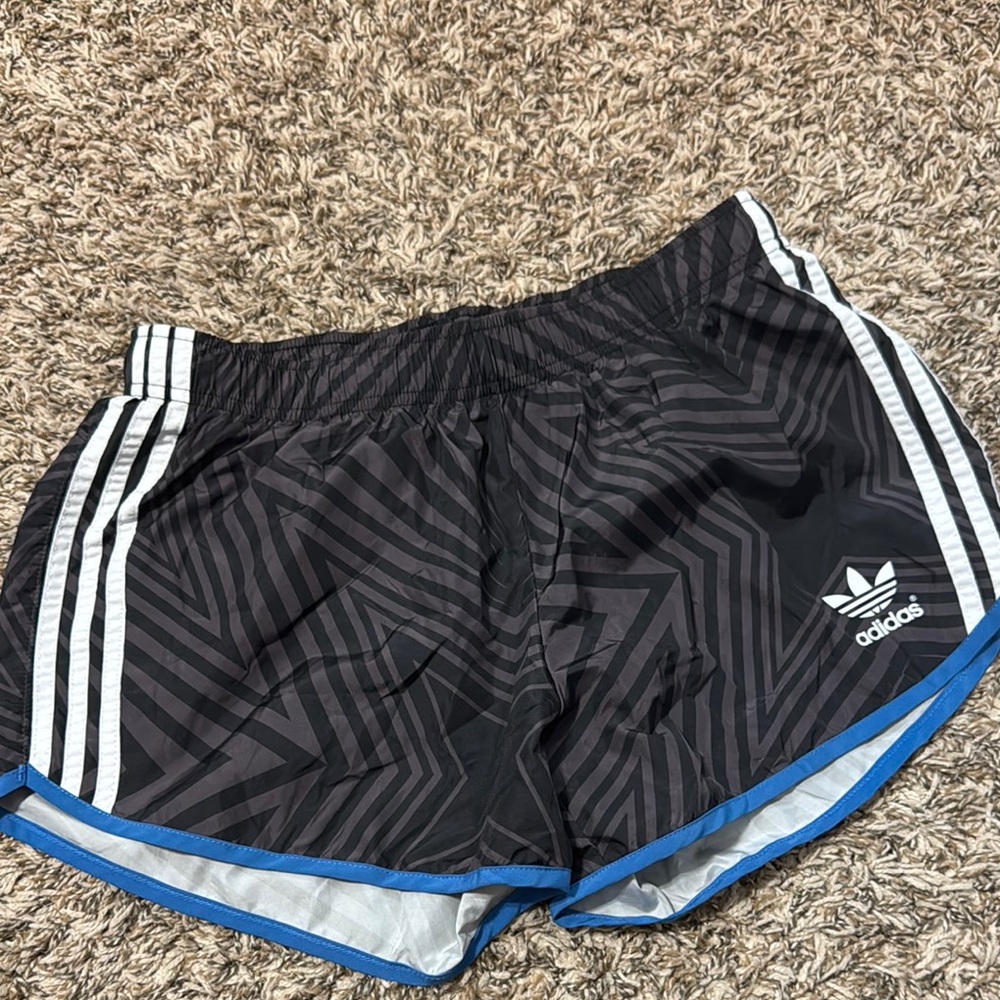 Adidas Black and White Patterned Shorts with Blue Trim